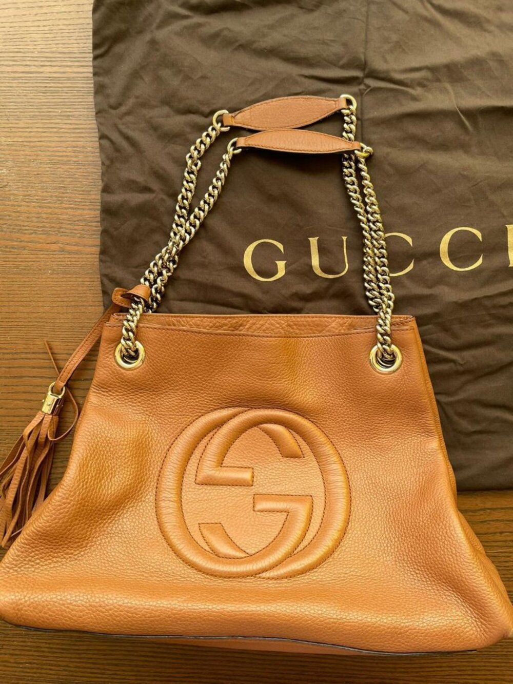 Gucci Soho Chain Tote Bag | Cognac Leather | Gold Hardware | Made in Italy